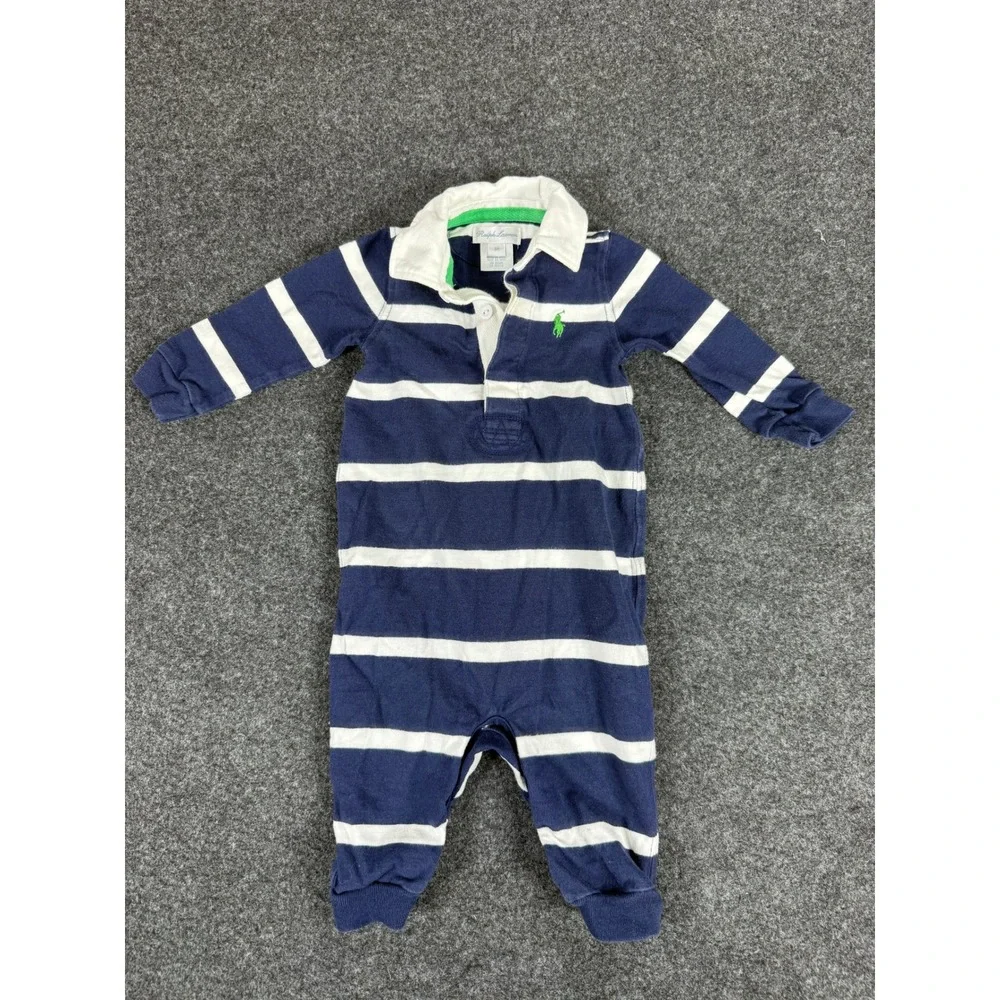 Ralph Lauren Romper Kids 6M Navy Blue White Striped Long Sleeve Cotton Rugby